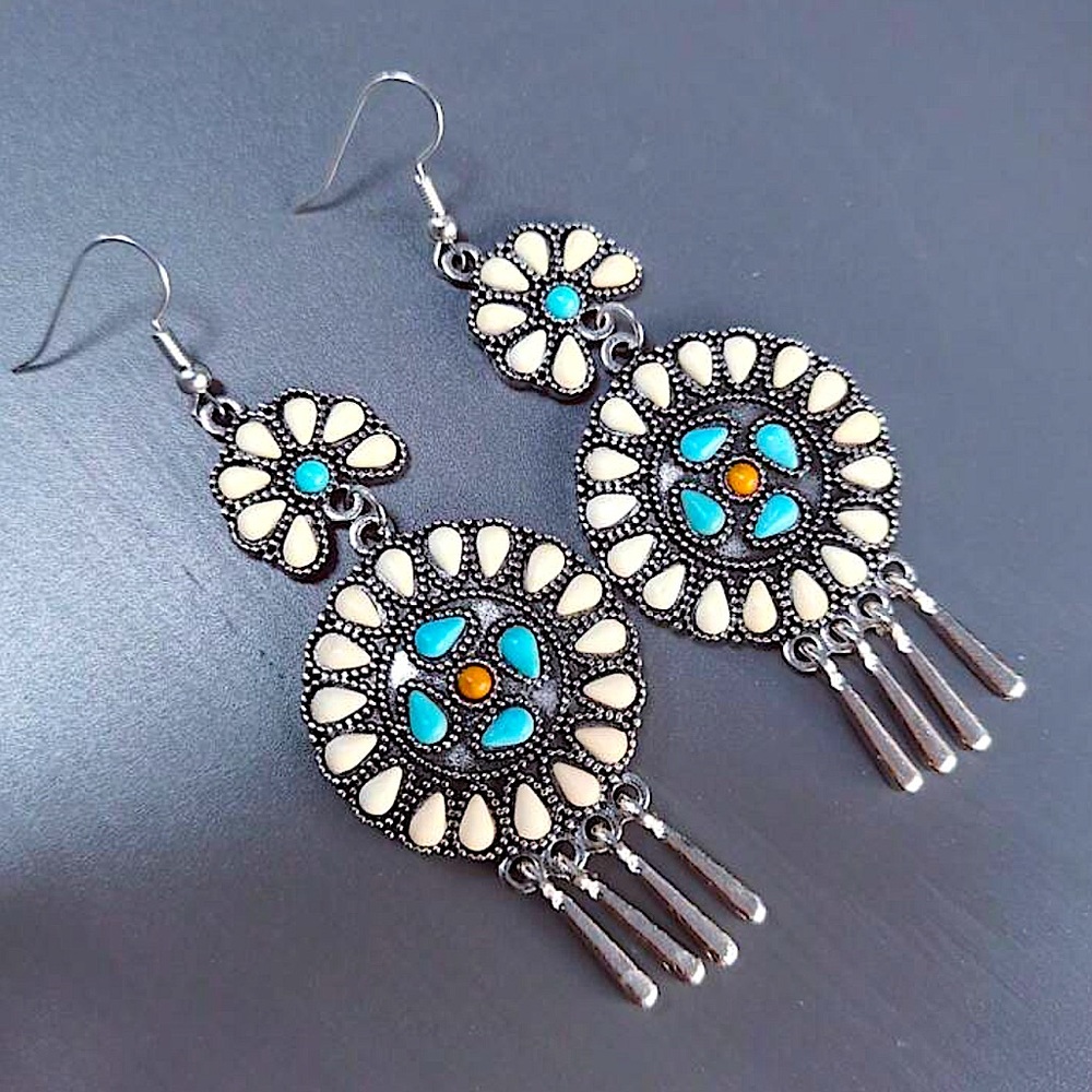Boho Turquoise and White Stone Dangle Earrings - Picture 4 of 8